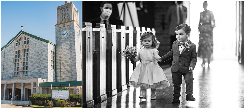 Church wedding in Cape May NJ. Flower girl and ring bearer walk down the aisle.