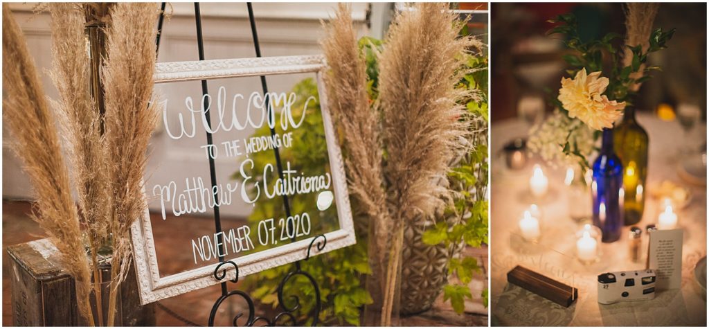 Willow Creek Winery wedding. Rustic fall wedding. Reception details. Glass welcome sign. 