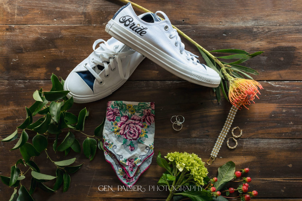Fall Wedding Details with Bride's Sneakers and Grandmother's Heirloom Handkerchief 