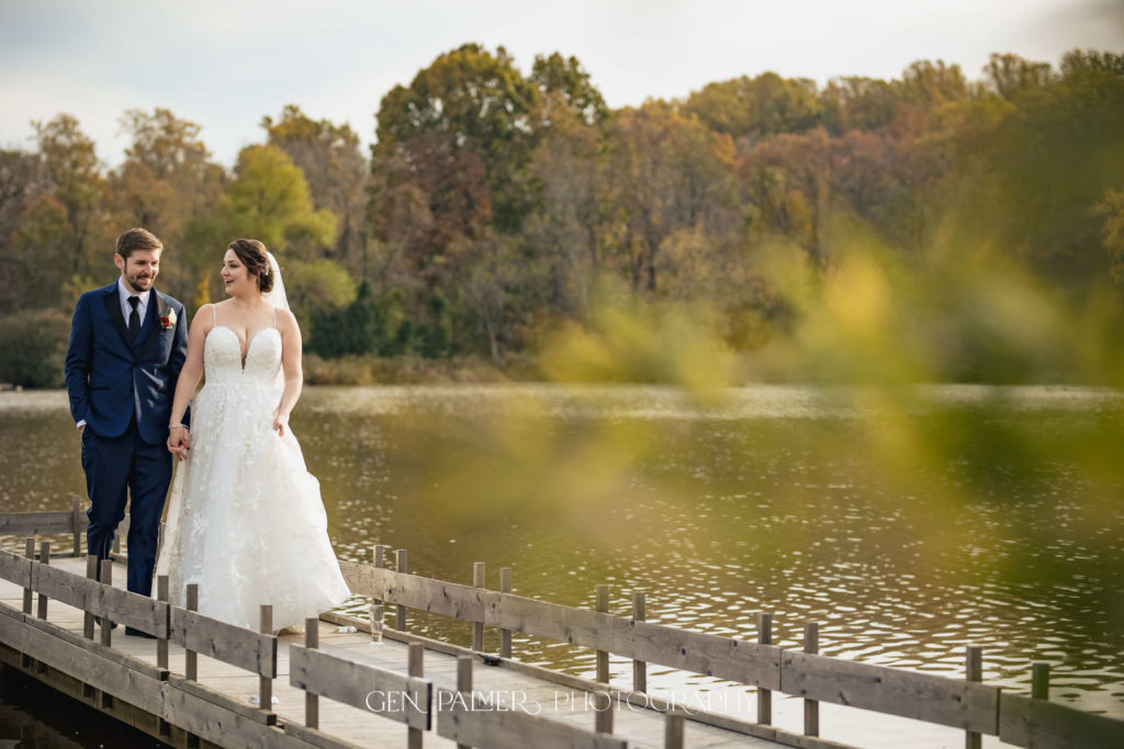 Estate at Eagle Lake Fall Wedding Photos Bride and Groom on Pier
