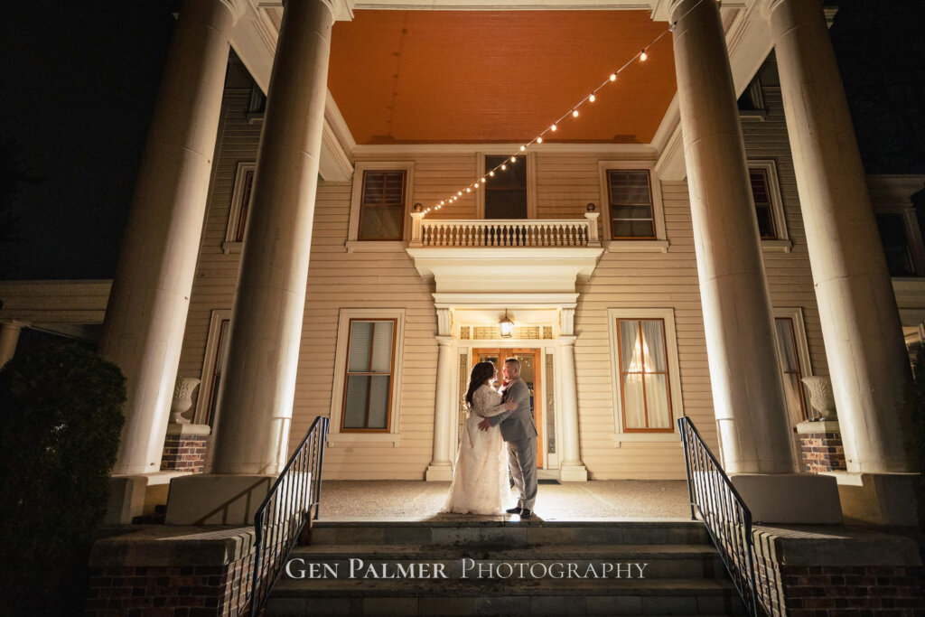 Collingswood Grand Ballroom | South NJ Wedding Venue | Bride & Groom Night Portrait on Porch