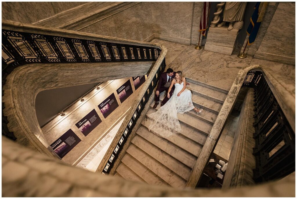 Mutter Museum Wedding Bride and Groom on marble steps