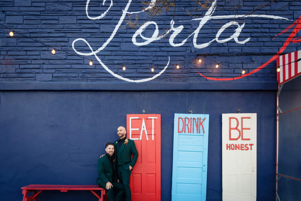 Porta Asbury Park Wedding LGBTQ Couple Portrait in front of restaurant