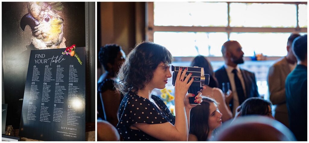 Table arrangements and woman with handheld camera at Asbury Park wedding
