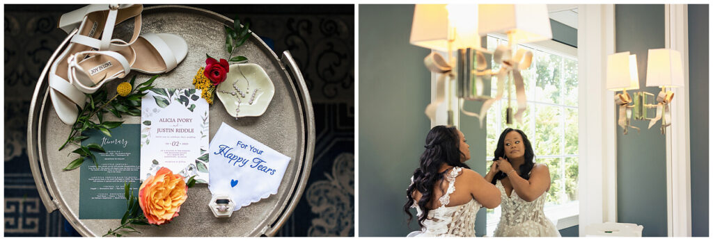 Wedding invitation and bride preparing at Bradford Estate
