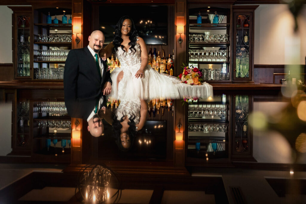 Wedding couple at bar at Bradford Estate