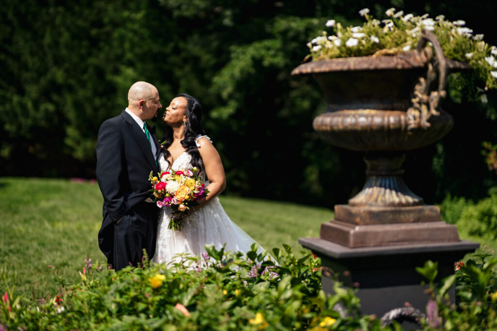 Wedding couple kissing at Bradford Estate