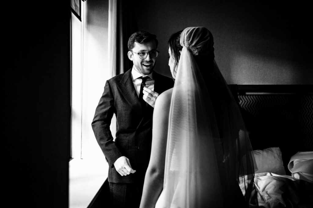 Wedding couple first look at Kimpton Hotel